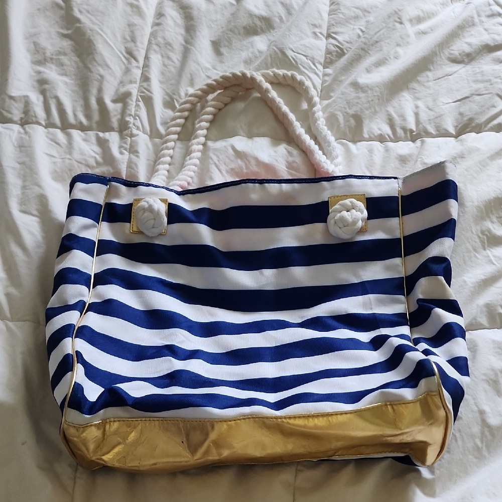 Nautical Striped Tote Bag with Gold Accents. Elizabeth ARDEN